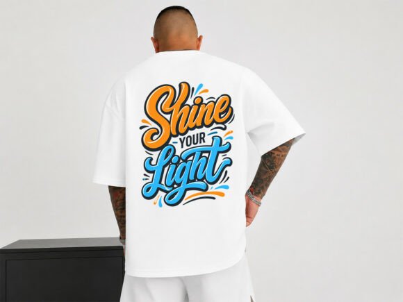 Shine Your Light Typography T-Shirt: A Bold Graphic Design Asset for Uplifting Brand Projects